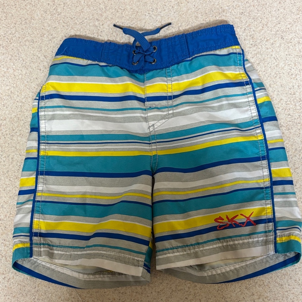 Boys Striped Swim Shorts with Blue and Yellow Accents